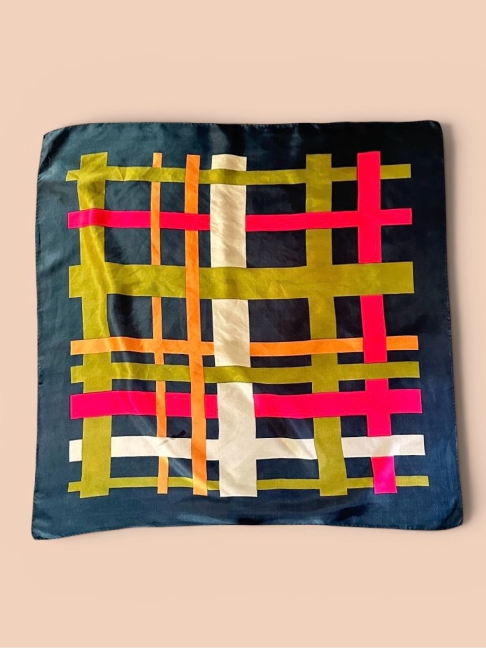 Vintage Geometric Plaid Square Silken Scarf, Likely Givenchy or Echo (26”)